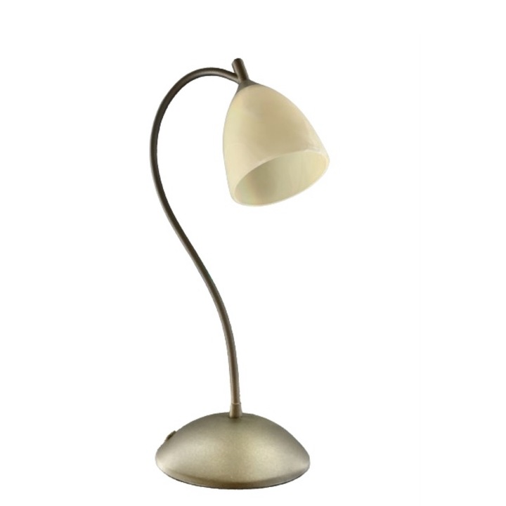 Veioza Clasica LA 4-1105/1 ANTIK E14 1x60W Baza din Fier Forjat Antichizat Incovoiat Stil Ghiocel si Abajur Sticla Groasa Crem cu Intrerupator pe Fir Inaltime 43cm ORION