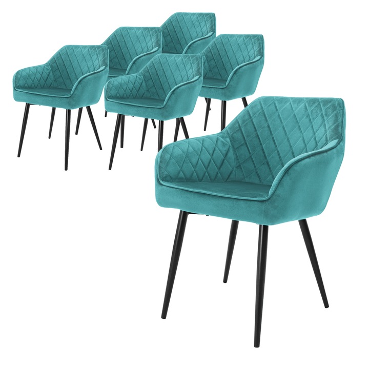 Комплект от 6 стола за трапезария, ML-Design, кадифе, тюркоаз, 60 x 63 x 80 см, модерен дизайн, лесно и бързо сглобяване
