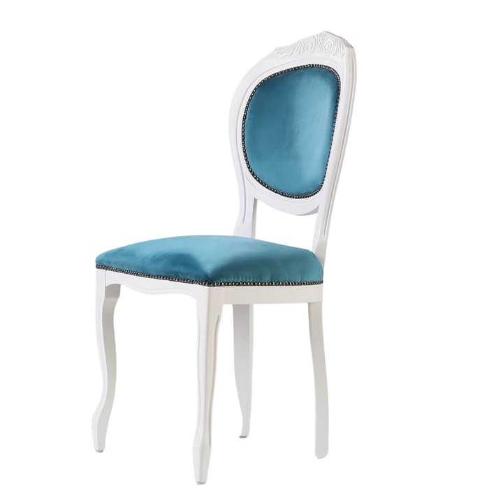 Scaun Hermes, structura lemn masiv, DUVALfurniture, tapiterie Albastra – finisaj Alb