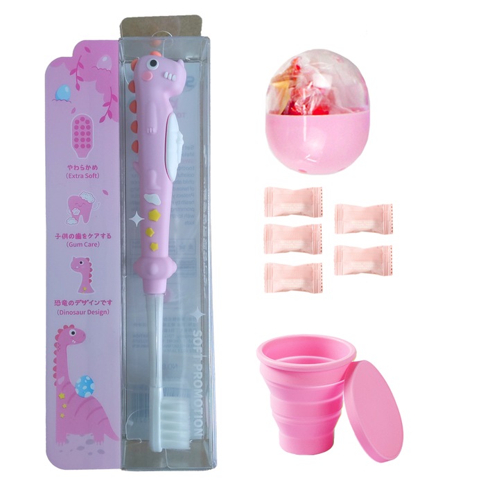 Macaron Color Scheme 4 részes baba piperekészlet, S&Z, 1 fogkefe, 5 Compressed törölköző, 1 összecsukható pohár, 1 játék, 3-10 éves korig, puha sörték, rózsaszín