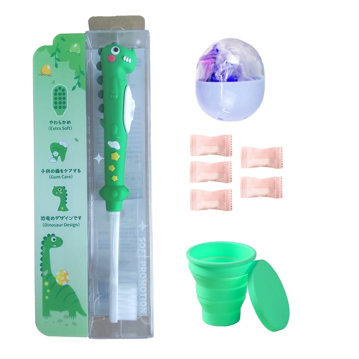 4 részes gyerek piperekészlet Macaron színsémában, S&Z, 1 fogkefe, 5 összenyomott törölköző, 1 összecsukható pohár, 1 játék, 3-10 éves korig, puha sörték, zöld