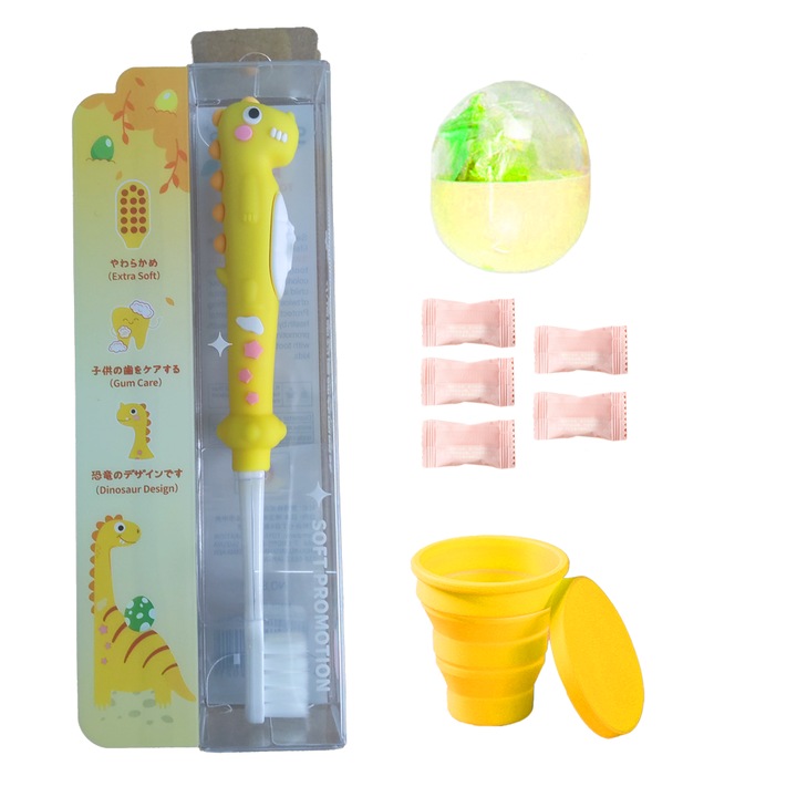 4 részes gyerek piperekészlet Macaron színsémában, S&Z, 1 fogkefe, 5 összenyomott törölköző, 1 összecsukható pohár, 1 játék, 3-10 éves korig, puha sörték, sárga