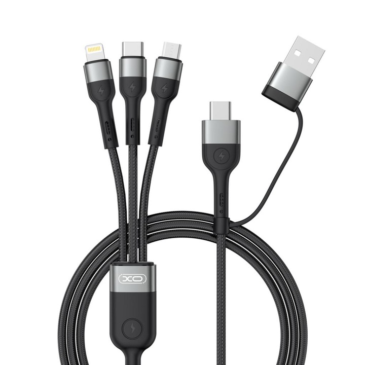 Кабел 6-в-1, USB-A + USB-C към Type-C + Lightning + Micro USB, XO, 60W, 3A, 1.2m, NB254, черен