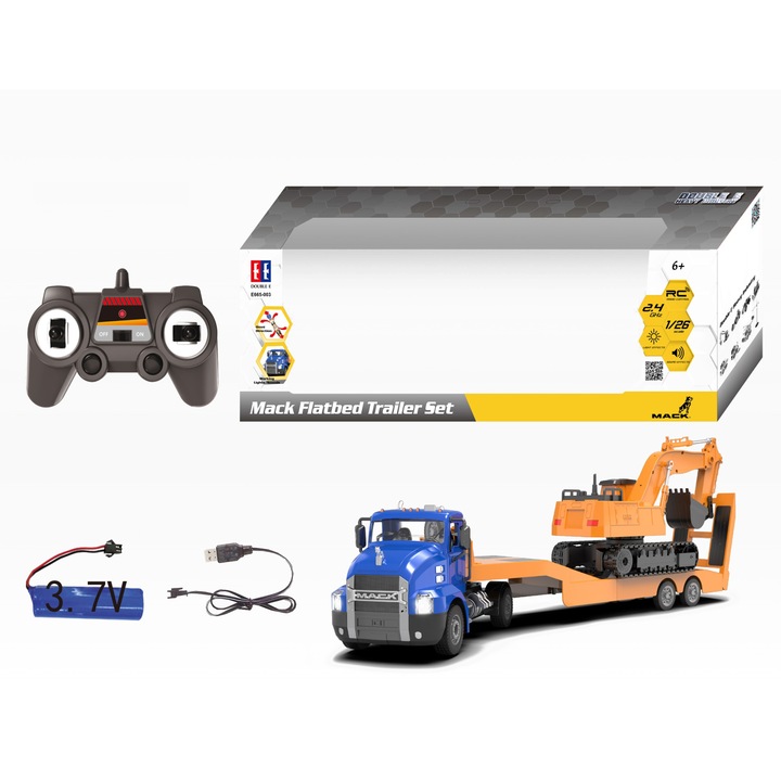 Camion - platforma RC, cu excavator, CaDa MACK 114SD scara 1:26, E665-003