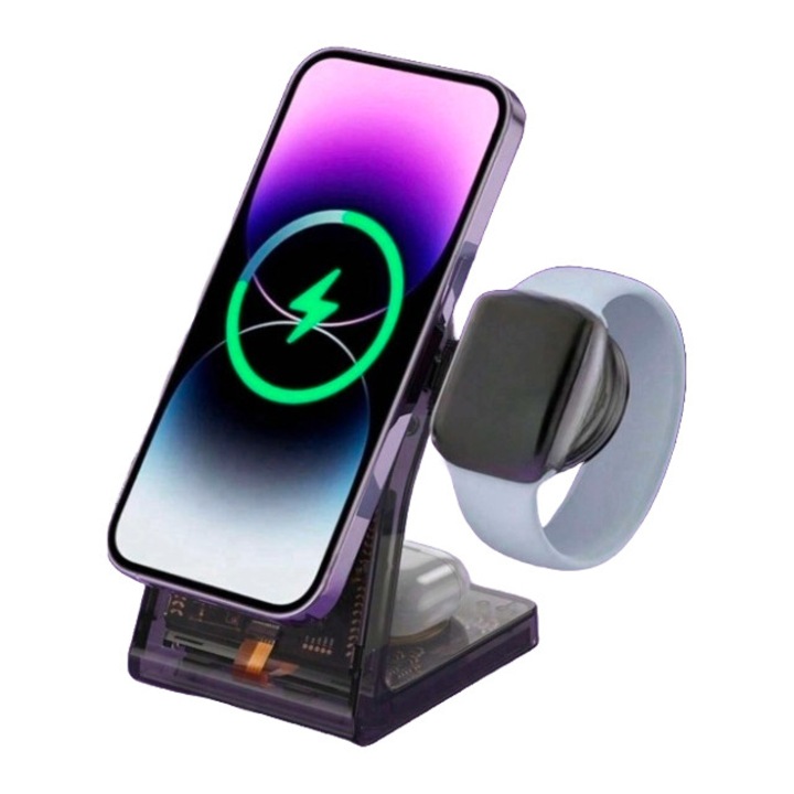 Vezeték nélküli töltőállomás, 3 az 1-ben, Gyorstöltés 15 W, iPhone-hoz, Apple Smart Watch, Airpods / Pro, MagSafe mágneses támogatás, Átlátszó