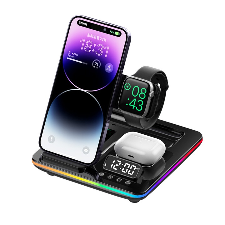 Vezeték nélküli töltőállomás iPhone-hoz, okosórához, AirPods/Pro-hoz, Samsunghoz és Huaweihez, 5 az 1-ben, Qi szupergyors töltés 25 W, összecsukható kialakítás automatikus működéssel, környezeti RGB, ébresztő/óra, MagSafe, fekete
