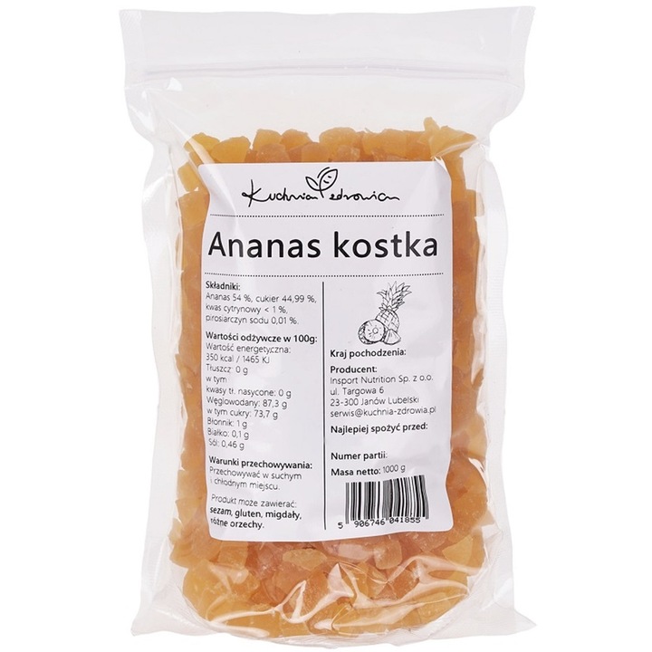 Kuchnia Zdrowia, Ananas confiat taiat cubulete, De inalta calitate, Natural, Vegan, Punga sigilata cu inchidere cu fermoar, 250g Doypack