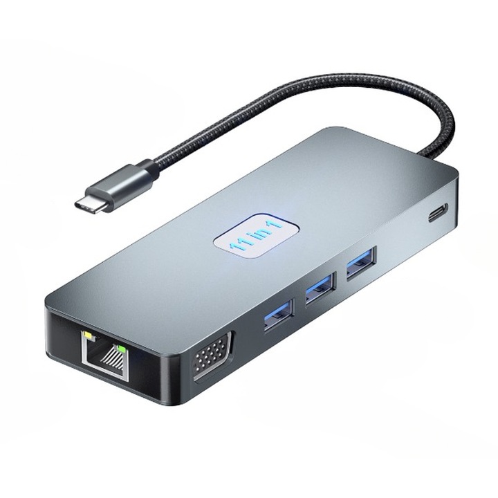 Хъб адаптер Multiport 11 в 1 USB-C 3.2 Staryon® към HDMI 4K@60Hz / DP 4K@60Hz / VGA 1080P@60Hz / RJ45 Ethernet 1000Mbps / 3 x USB 3.2 / TF и SD четец на карти / 3,5-мм жак Audio / PD 100W порт, докинг станция за лаптоп, MacBook, Chromebook, телефон