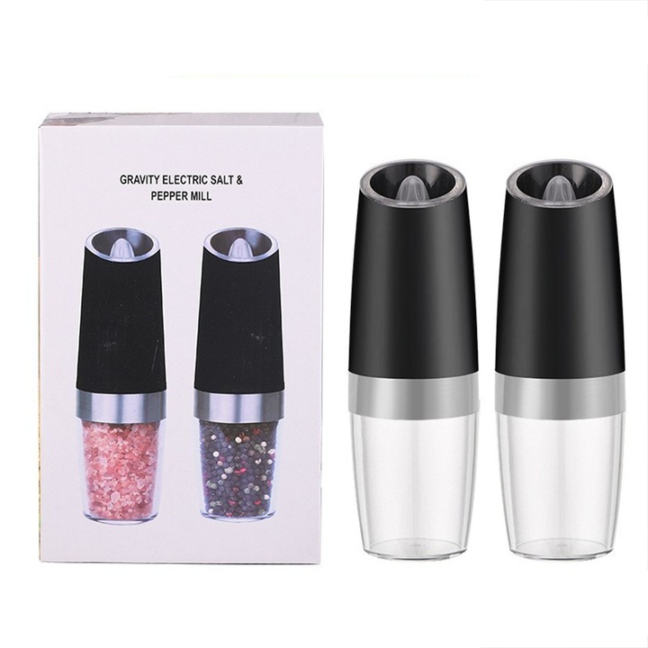 Комплект от 2 електрически мелнички за сол и черен пипер, S&Z, сензор за гравитация, регулиране на меленето, ABS, неръждаема стомана, 20X6X6 см, черни