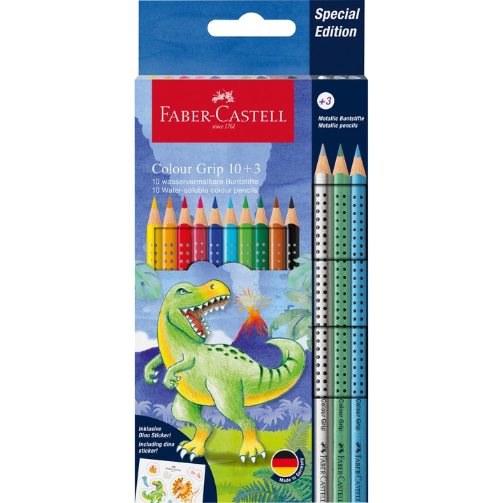 Színes ceruza FABER-CASTELL Grip Dinoszaurusz matricával 10 darabos + 3 darab metál színes ceruzával