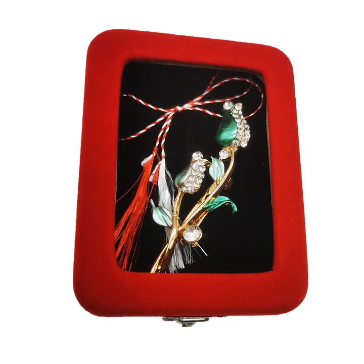 Martisor Brosa Mare in cutie de catifea rosie cu fereastra de sticla, Boboci de Trandafiri Turcoaz, VisionXXI