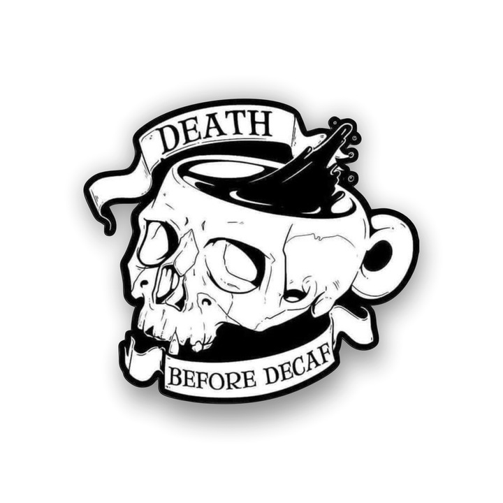 Insigna din lemn cu brosa, Death before decaf, multicolor, 3 cm