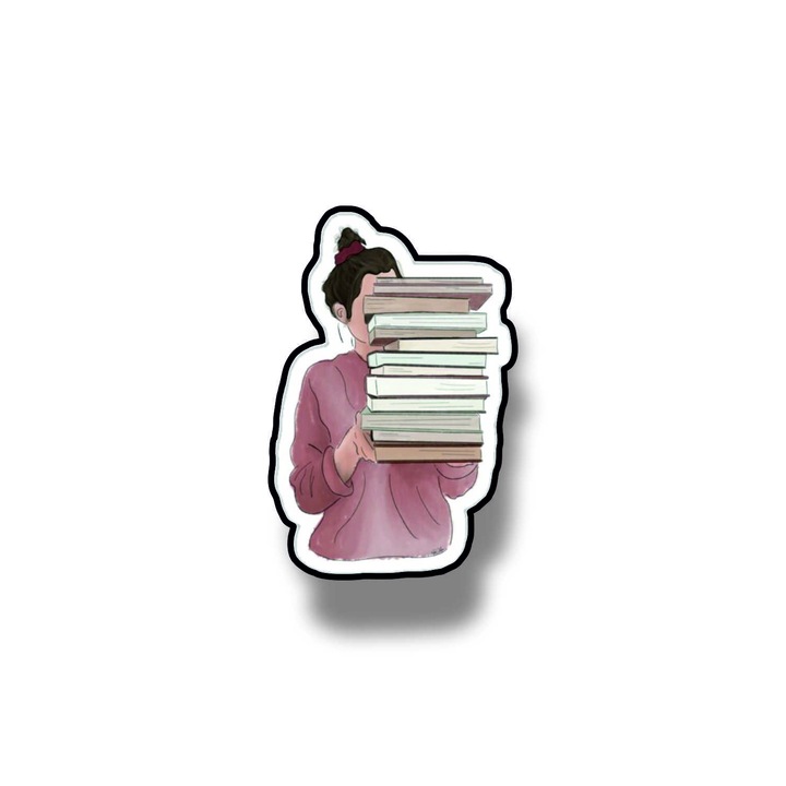 Insigna din lemn cu brosa Girl with books, multicolor, 3 cm