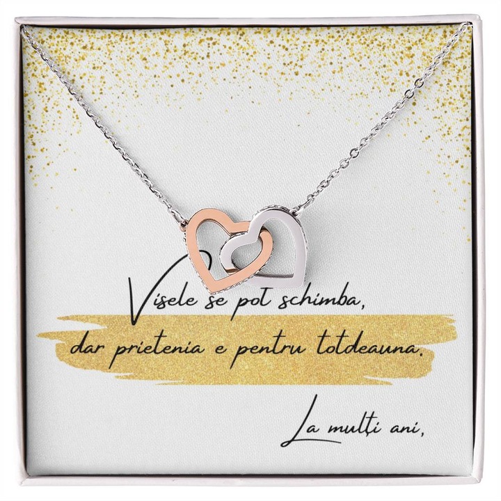 Колие с преплетени сърца, висулка с 14-каратово бяло злато и розово злато, сребърна гривна 925, JOYSTOS и фото картичка с послание за приятелка „Dreams Can Change, But Friendship Is Forever. Happy Birthday''