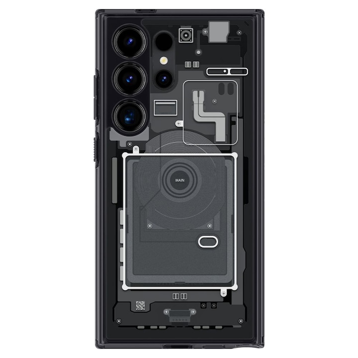 Кейс, съвместим със Samsung Galaxy S24 Ultra, X-Ray Slim Case, полупрозрачен ефект, ретро-футуристичен дизайн, повдигнати ръбове, черен