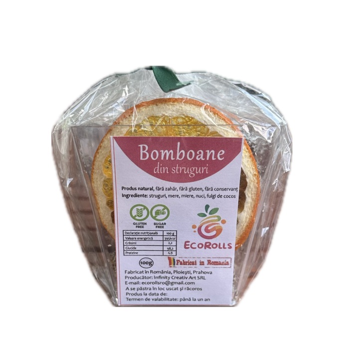 Bomboane din fructe deshidratate din struguri, Ecorolls, 100 g