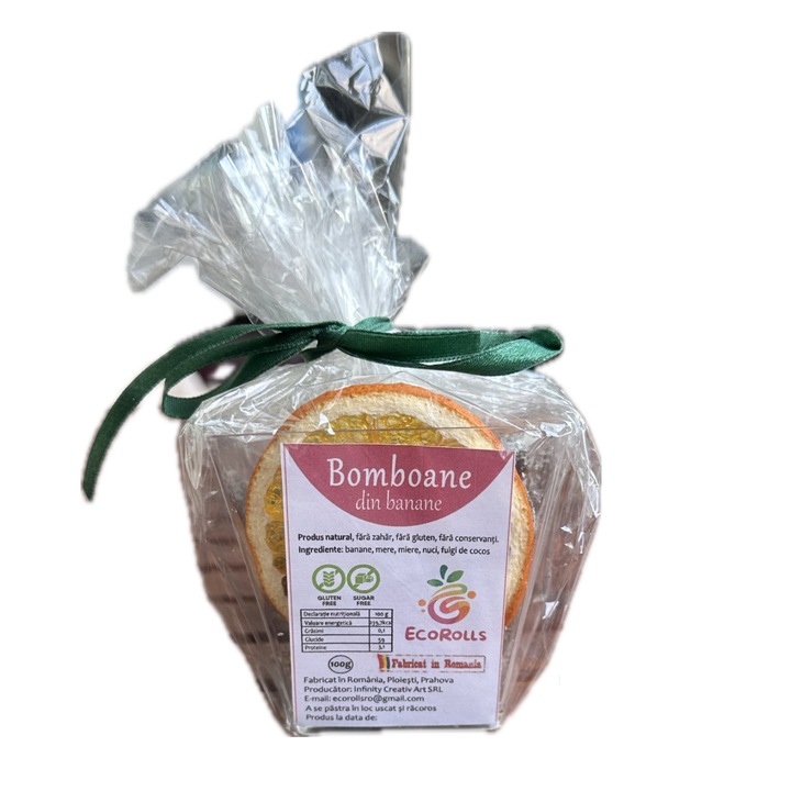 Bomboane din fructe deshidratate din banane, Ecorolls, 100 g