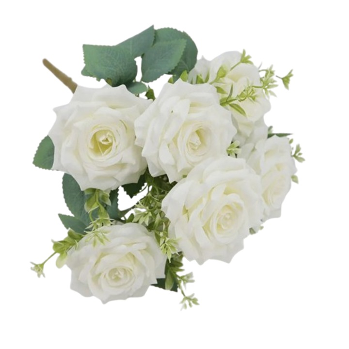 Buchet flori cu7 trandafiri artificiali din matase pentru decor, tija 45m, albi