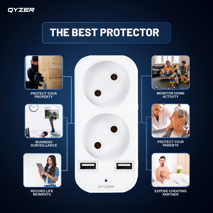 Mini Camera Spion in Priza Adaptor dublu, Qyzer®, Wi-Fi, 4K, Full HD, tehnologie super rezolution, Microfon integrat, Sensibilitate mare la sunet pe distante mari, Inregistrare Audio si Video, Instalare usoara, Senzor miscare, Notificari pe telefon, alb