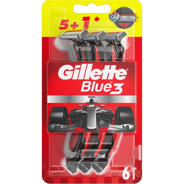 Set 6 aparate de ras de unica folosinta, Gillette, Blue3, 3 lame, Negru/Rosu