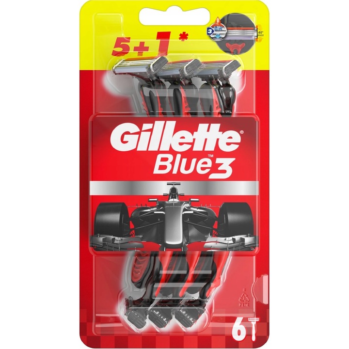 Eldobható borotva készlet, Gillette, Blue3, 3 penge, fekete/piros, 6 db