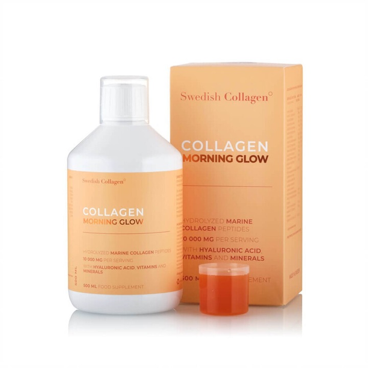 Colagen Morning Glow (din Peste), Lichid, Hidrolizat Tip 1 si 3 cu 10.000 mg, Acid Hialuronic 25 mg, Retinol 800 mcg, Biotina 5000 mcg, Probiotice, MSM, Siliciu si Vitamine, 500 ml
