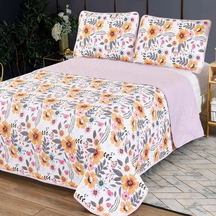 Капитонирана покривка за легло 230x250 см с 2 калъфки за възглавници 50x70 см, Розови цветя