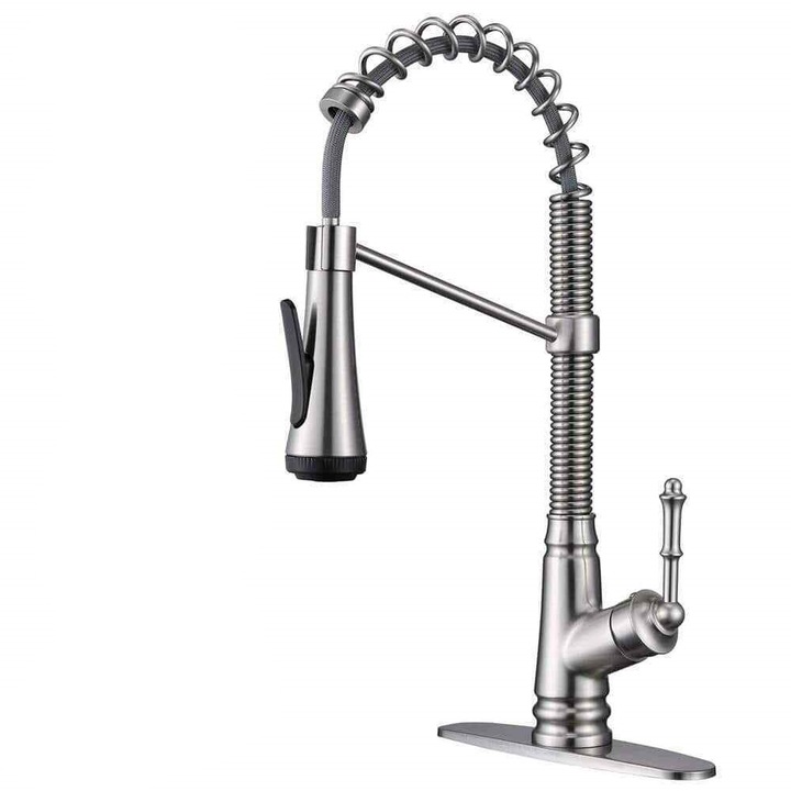 Konyhai mosogató csaptelep, Kihúzható zuhany, 4 áramlási funkció, Antik króm bevonat, Mérete 48 cm