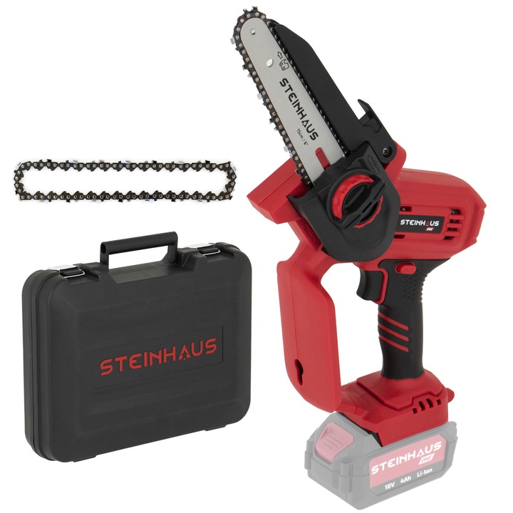 Steinhaus ONE 18V PRO-ONE-PS akkumulátoros mini láncfűrész, 15cm fűrészlap, 1/4 láncosztás, 6.5m/s lánc sebesség, Akkumulátor/töltő nélkül, Szállítótáska és 2 lánc, Piros/Fekete