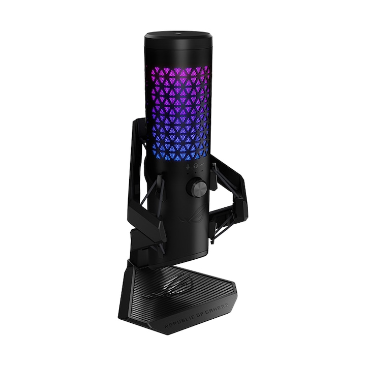 Microfon profesional de gaming ASUS ROG CARNYX, RGB, condensator cardioid, capsula cu condensator de 25 mm de calitate studio, suport metalic premium, Negru