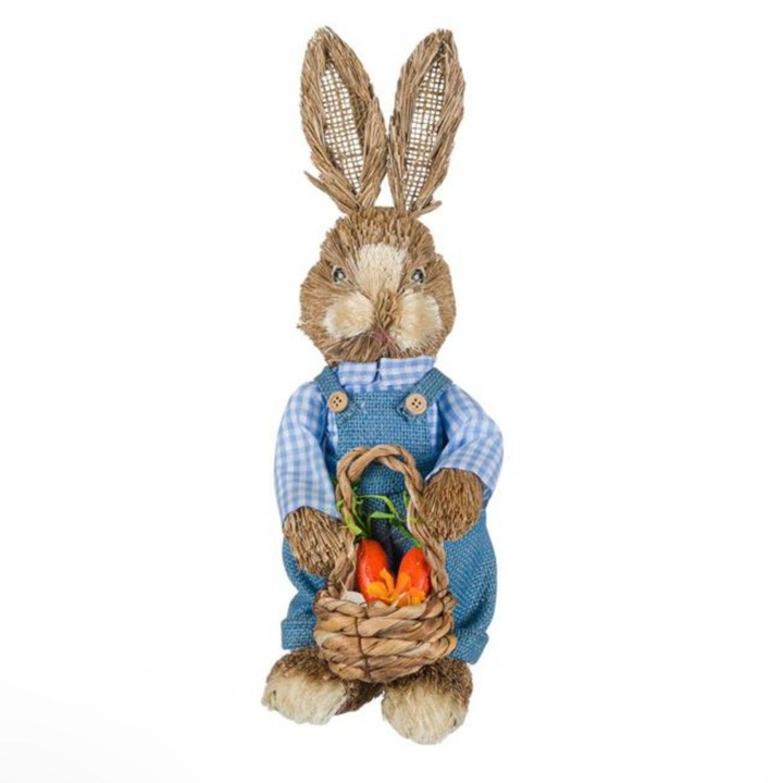 Figurina Decorativa de Paste Iepure din Iarba cu Salopeta Albastra Cos Morcovi 37cm