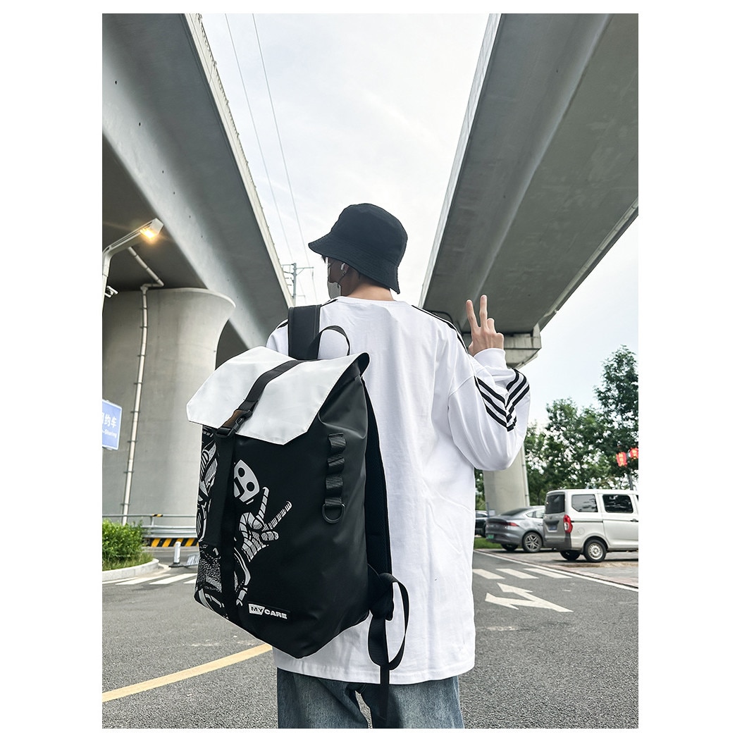 Rucsac pentru laptop, Dollcini, Nylon, impermeabil, rezistent la zgarieturi, imprimare grafica, Alb/Negru