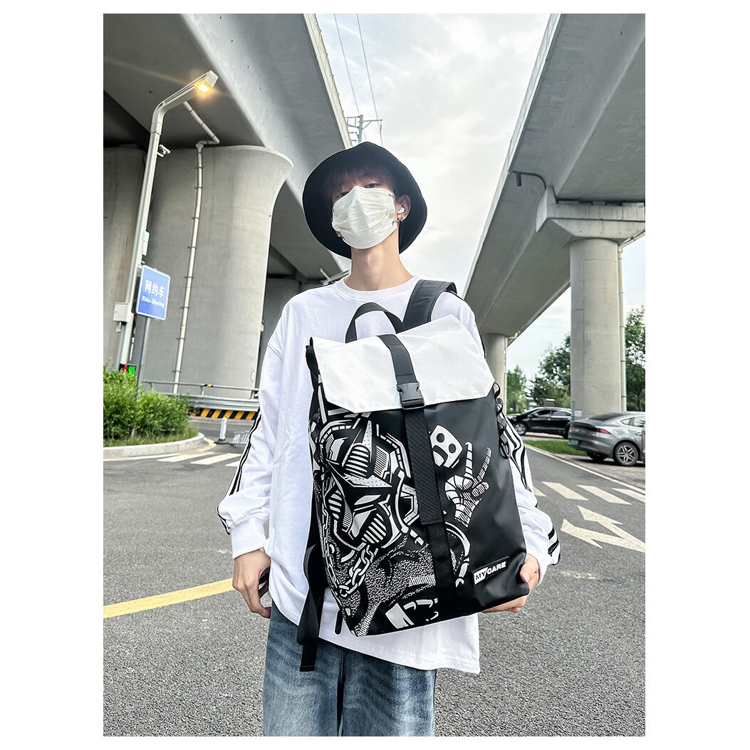 Rucsac pentru laptop, Dollcini, Nylon, impermeabil, rezistent la zgarieturi, imprimare grafica, Alb/Negru