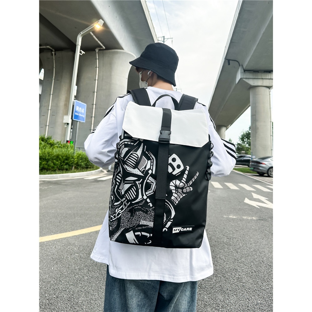 Rucsac pentru laptop, Dollcini, Nylon, impermeabil, rezistent la zgarieturi, imprimare grafica, Alb/Negru