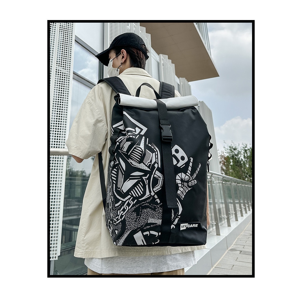 Rucsac pentru laptop, Dollcini, Nylon, impermeabil, rezistent la zgarieturi, imprimare grafica, Alb/Negru