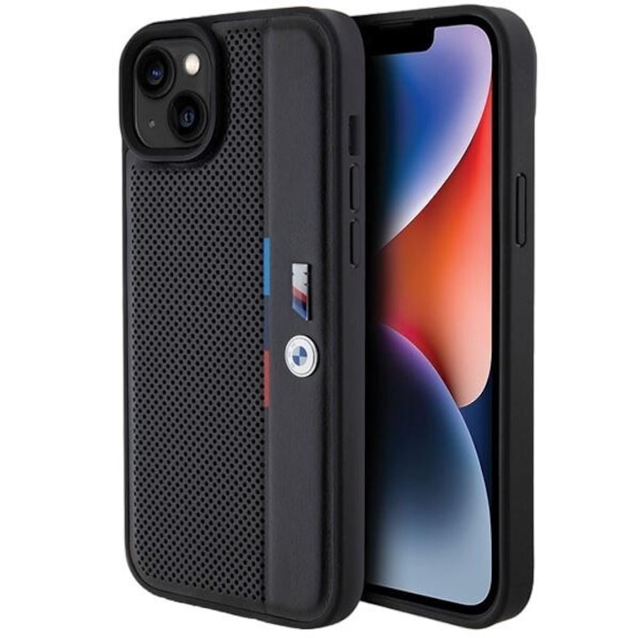 Perforált Tricolor Line tok iPhone 15 / 14 / 13, BMW, Eco bőr / TPU, fekete