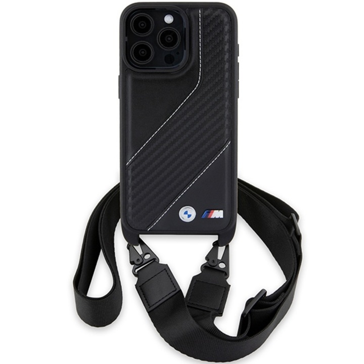 Husa telefon BMW M Edition Carbon Stripe & Strap, TPU/PC, negru, pentru iPhone 15 Pro Max 6.7"
