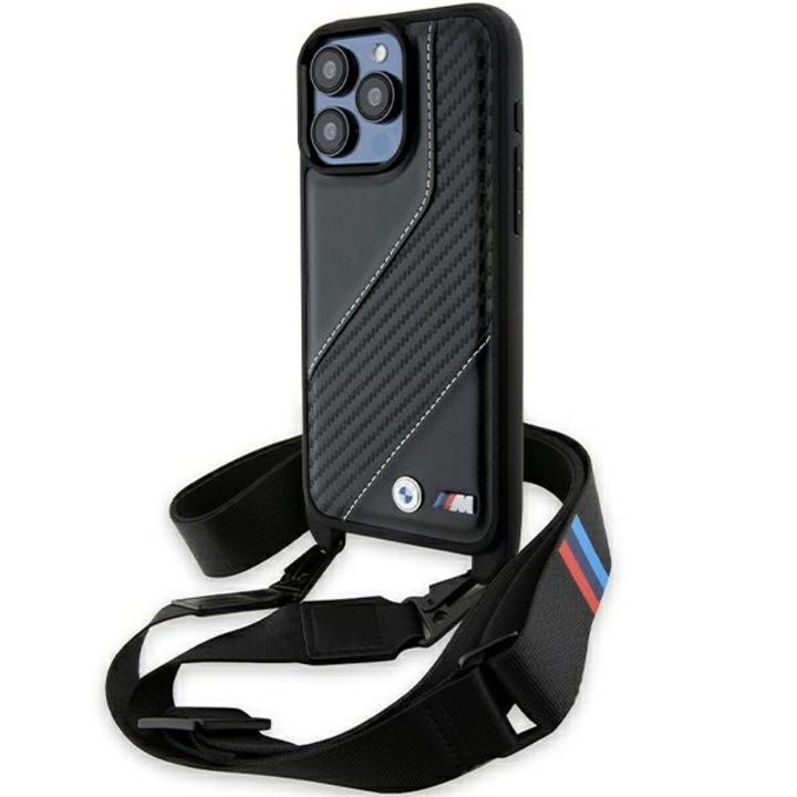 BMW M Edition Carbon Stripe & Strap telefontok, TPU/PC, fekete, iPhone 15 Pro Max 6,7"-hez