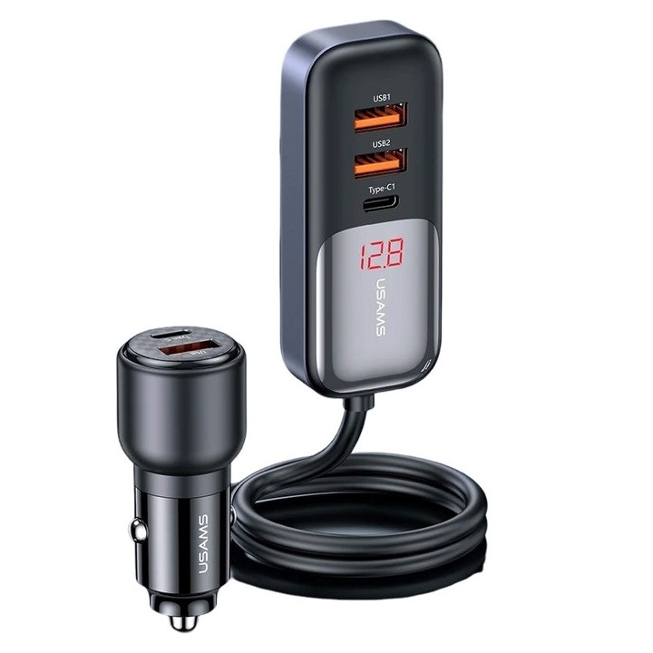 Зарядно устройство за кола, USAMS, S-CC213, C40, 165W, 2 usb C + 3 usb A PPS, 5 изхода, CC213CC01, Сив, Черен