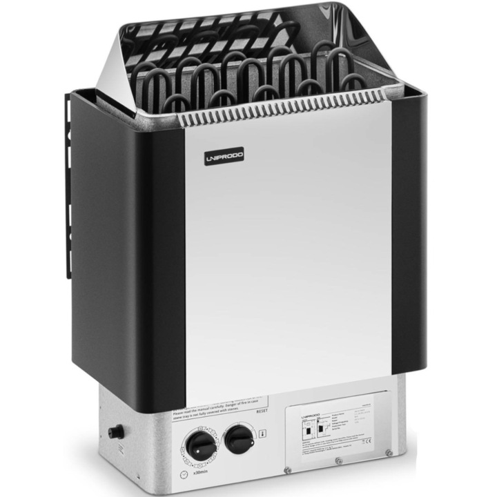 Incalzitor electric sauna, Uniprodo, Aluminiu/Inox, 9 kW, 33 x 46 x 63 cm, Negru/Argintiu