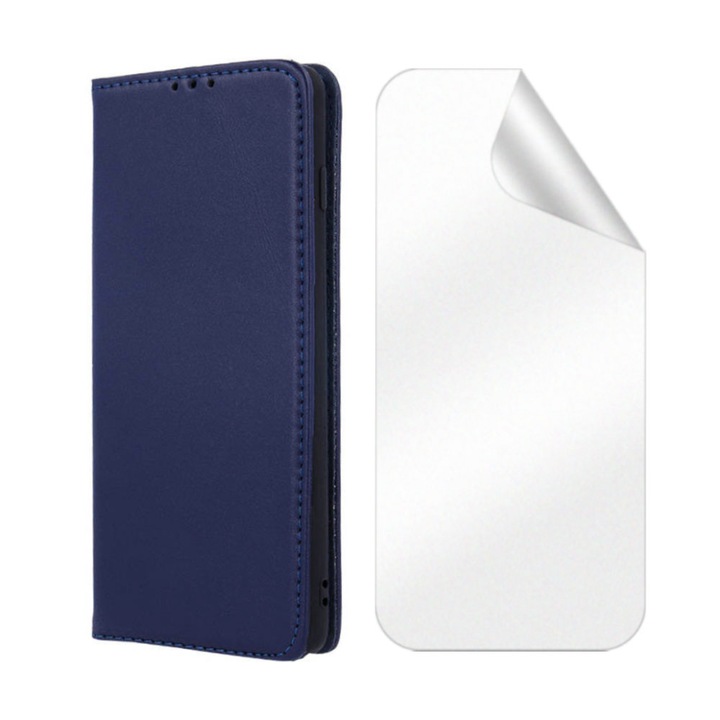 Matt regenerálható hidrogél fólia szett és természetes bőr kihajtható tok Samsung Galaxy S22 Plus készülékhez, prémium anyagok, kártyatartó zseb, ujjlenyomat-mentes, kiváló minőség, állvány funkció, mágneses záródás, kijelző és hátlap, kék