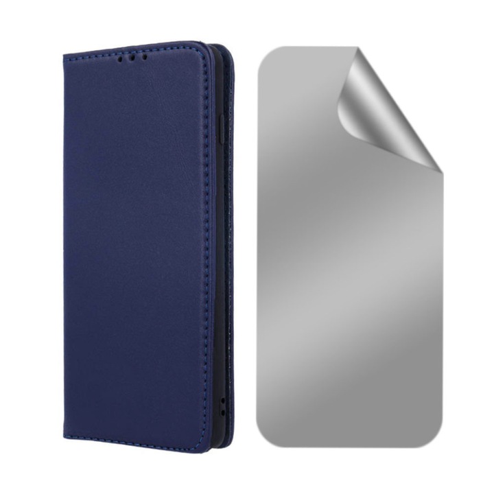 Regenerálható adatvédelmi hidrogél fóliakészlet és természetes bőrből készült kihajtható tok Samsung Galaxy S22 Plus készülékhez, prémium anyagok, kártyatartó zseb, kémvédelem, kiváló minőség, állvány funkció, mágneses záródás, kijelző és hátlap, kék