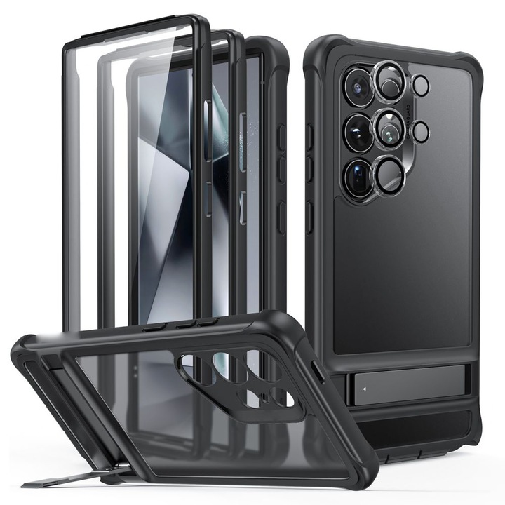 Калъф, съвместим със Samsung Galaxy S24 Ultra, FONIX Ultra Armor 360, Функция за стойка, Протектор за екран, Черен