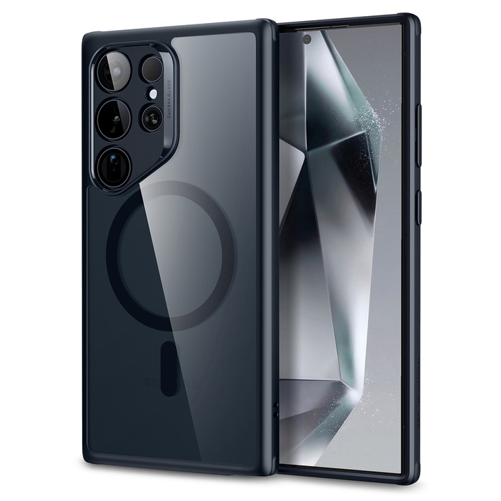 Husa tip MagSafe, compatibila cu Samsung Galaxy S24 Ultra, Slim Sport Bumper, Protectie camere, Colturi anti-soc, compatibila Wireless Charging, Slim, Negru/Transparent