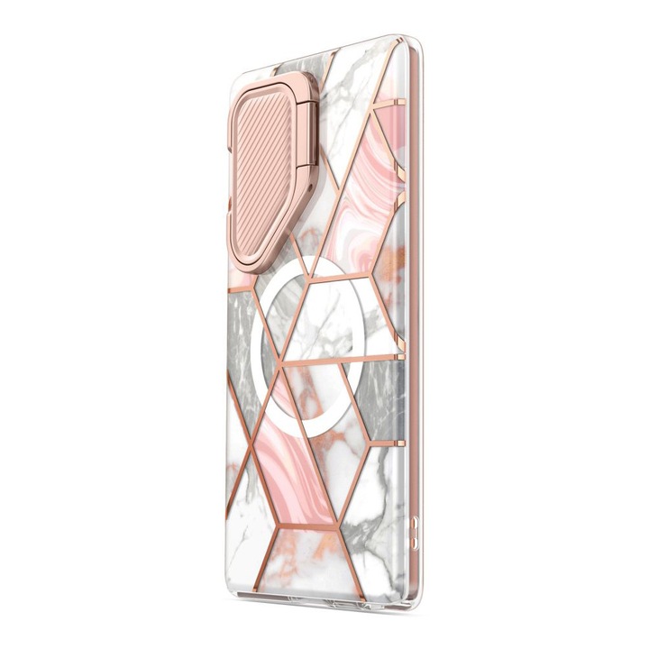 Husa tip MagSafe compatibila cu Samsung Galaxy S24 Ultra, FONIX Glamour LensShield Armor, Protectie completa 360 grade, Functie stand, Anti-soc, Acoperitor modul camere, Protector ecran inclus, compatibila cu incarcare wireless, Alb/Roz