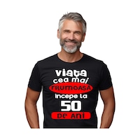 Tricou barbati negru personalizat Viata frumoasa incepe la 50 de ani, Bumbac, M