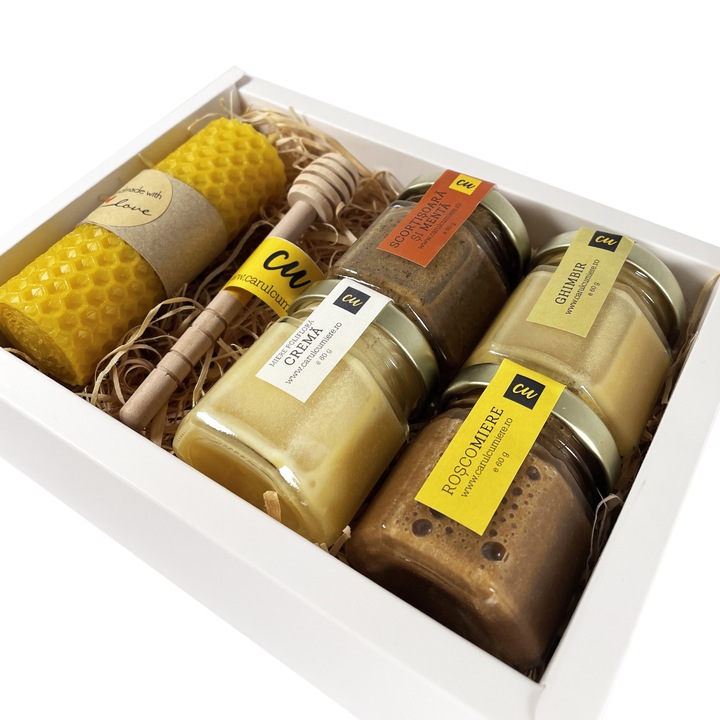 Pachet cadou Natura 2, miere de albine, lumanare artizanala, lingura pentru miere, alb