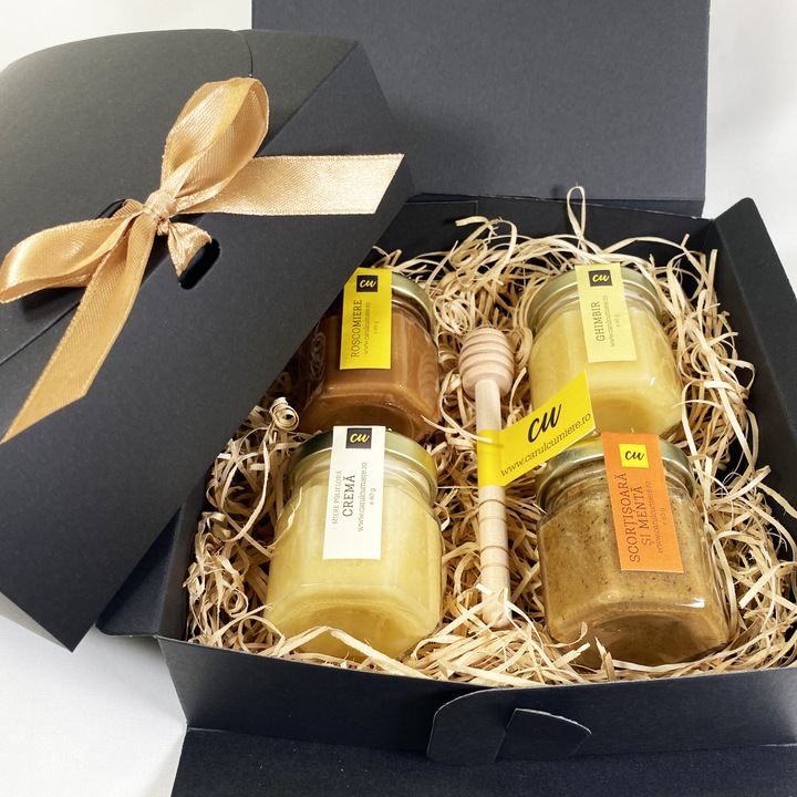 Pachet cadou Dulce 1, miere de albine, lingura pentru miere, negru