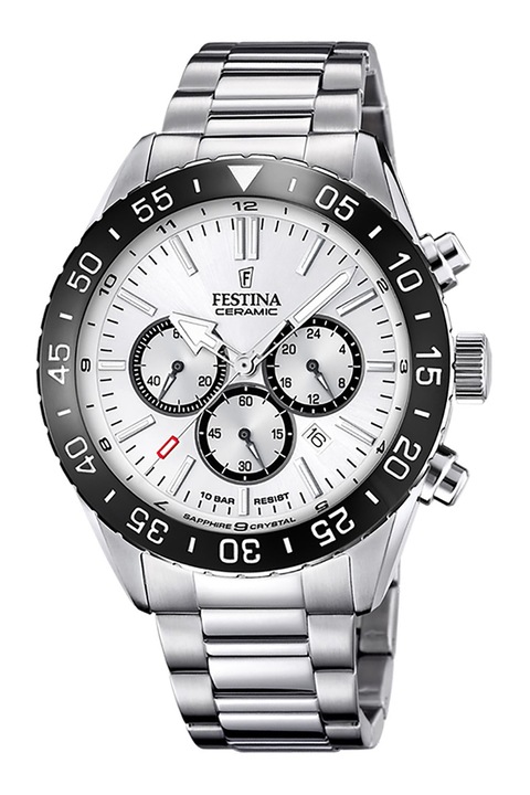Festina, Керамичен часовник с хронограф, верижка и сапфирено стъкло, Сребрист
