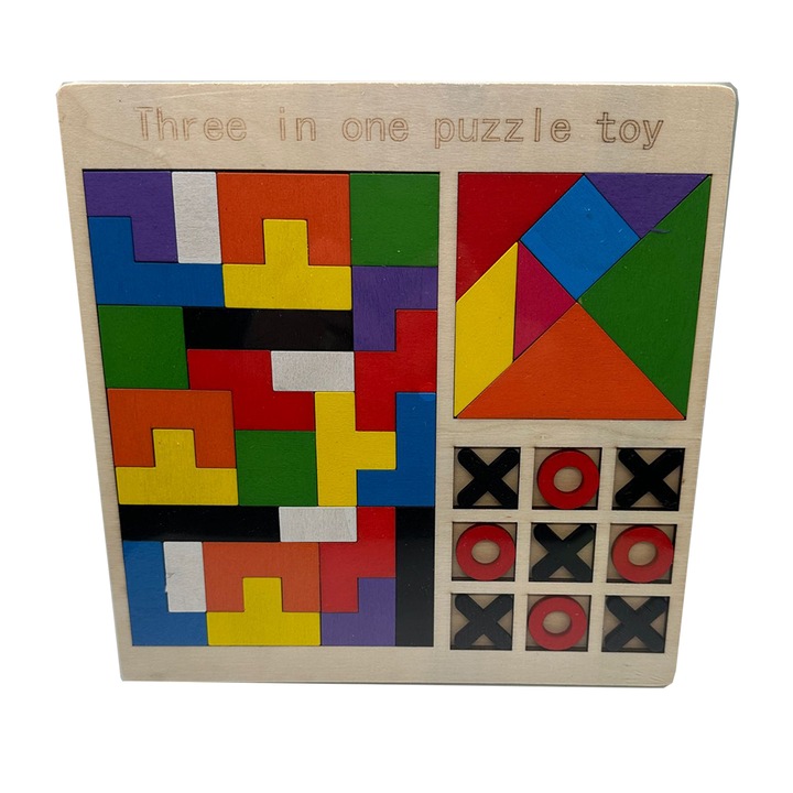 Joc de inteligenta din lemn 3 in 1, Tetris, Tangram, X si 0, 45 de piese, multicolor pentru copii, Vision XXI